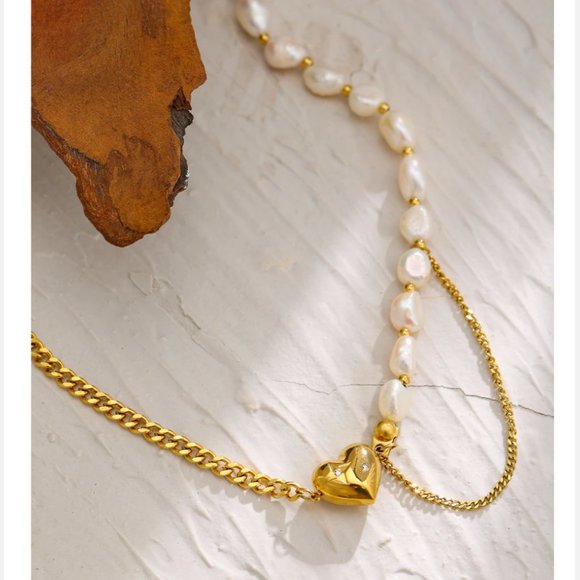 New 18K Gold Natural Pearl Heart Chain Necklace - Picture 9 of 16